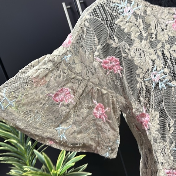 Democracy Island Sand embroidered lace,sheer, short butterfly sleeve scoop neck - Picture 3 of 8